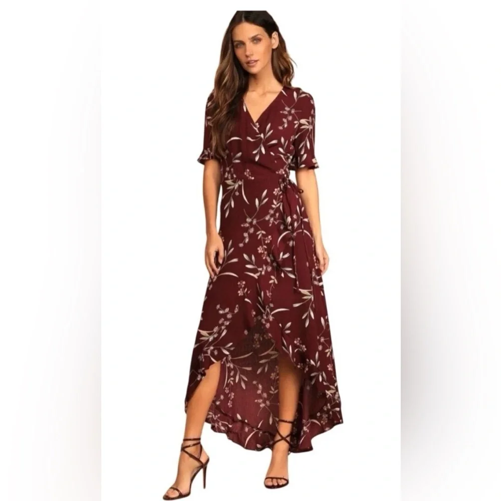 Lulus Wild Winds Burgundy Floral Print High-Low Wrap Dress - Picture 1 of 10